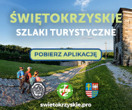 Baner promujący Świętokrzyskie Szlaki Turystyczne. Trzy osoby na ścieżce na Świętym Krzyżu